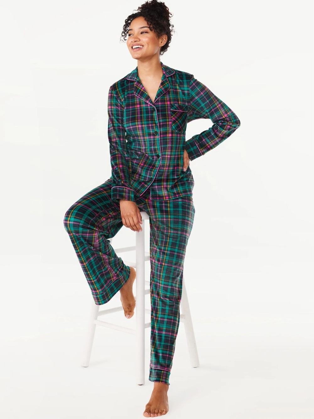 Joyspun Green & Navy Plaid Flannel Pajama Set with Pink Trim Sz M